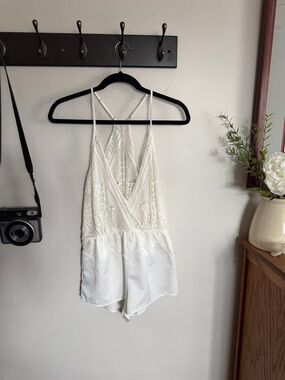 Flora Nikrooz Lace-Trim White Romper with Surplice V-Neck